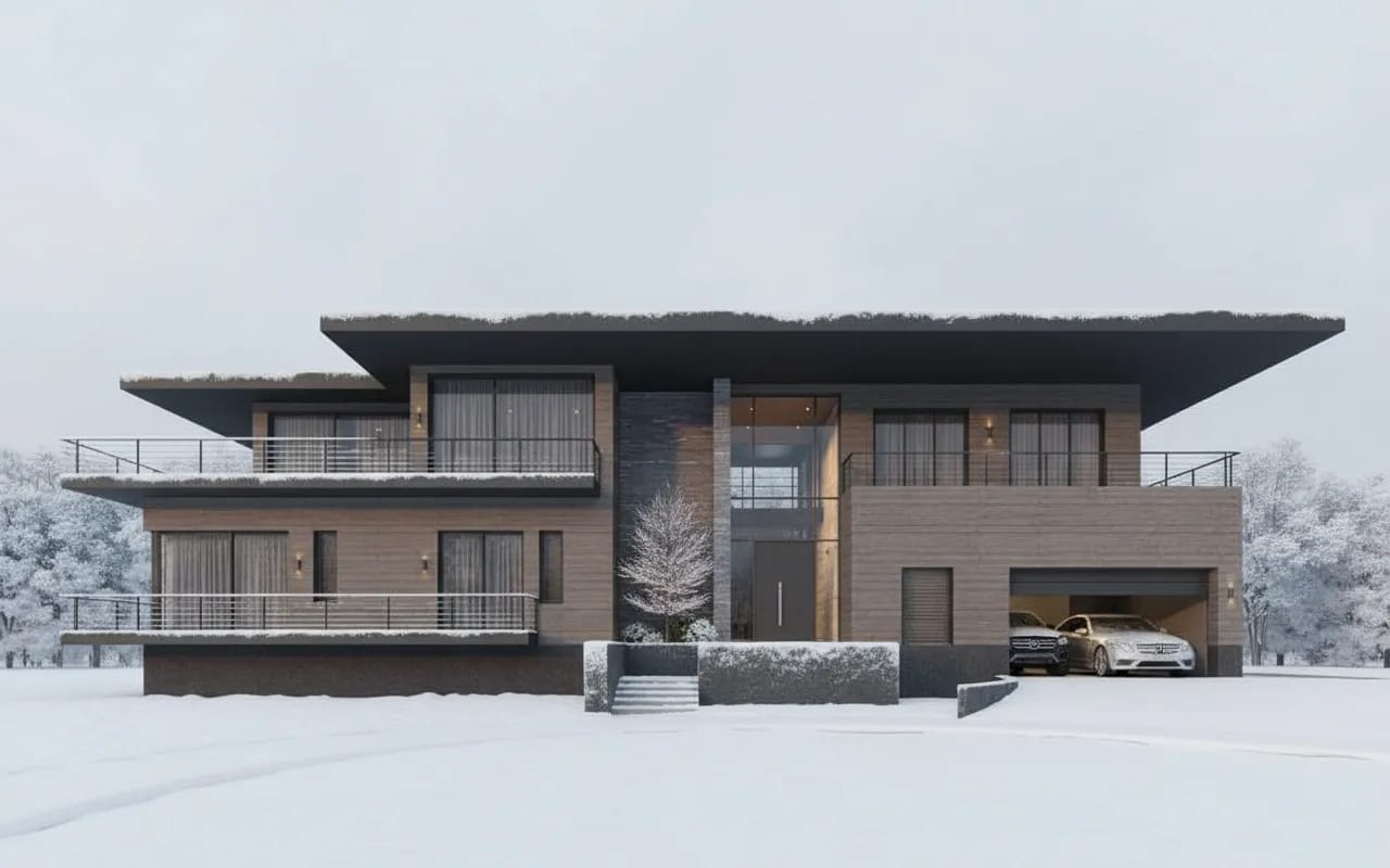 Change the weather to snowy winter, open the garuge showing 2 Benz inside, one suv one sedan