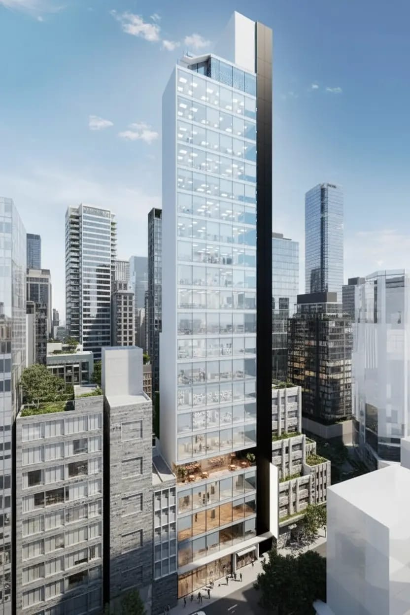 Add detailed cityscape around the building and keep the building in the middle unchange