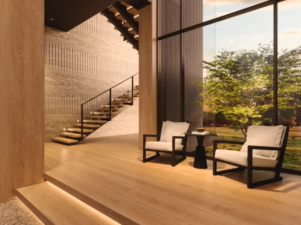 remove the chair and side table. Place a lady and dog walking from left to right